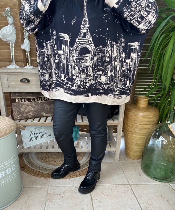 Blouse ample satinée noire et crème Paris Tour Eiffel du 42 au 52