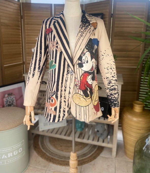 Veste blazer doublée grège rayée Mickey Mouse Vintage du 34 au 42 