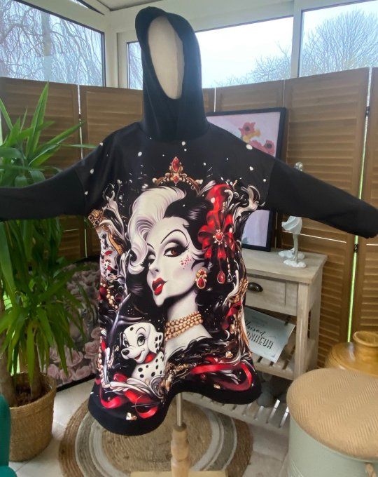 Sweat à capuche long ou robe sweat noir Cruella & les Dalmatiens du 40 au 52 