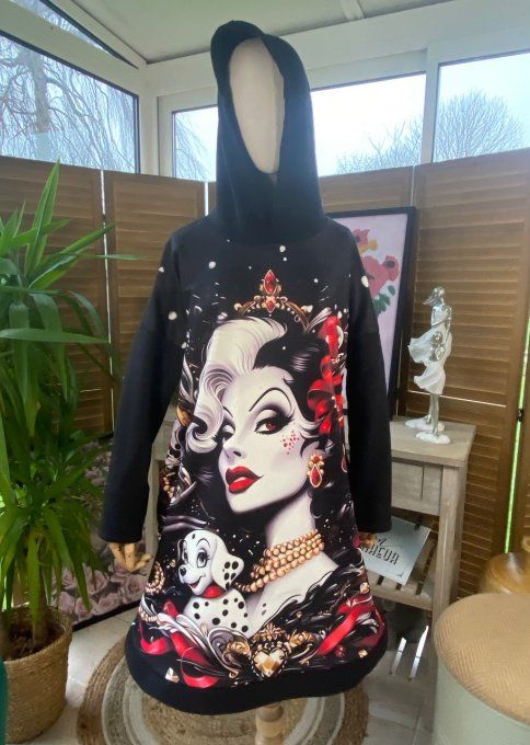 Sweat à capuche long ou robe sweat noir Cruella & les Dalmatiens du 40 au 52 