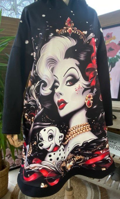 Sweat à capuche long ou robe sweat noir Cruella & les Dalmatiens du 40 au 52 