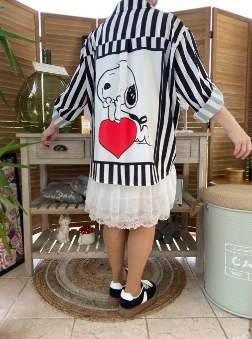 Chemise ample noire rayée blanche ample Love Snoopy du 40 au 50/52