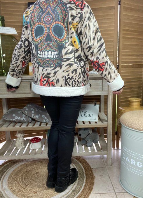 Veste courte suédine Mexican Skulls doublée fausse fourrure écrue du 34 au 42/44