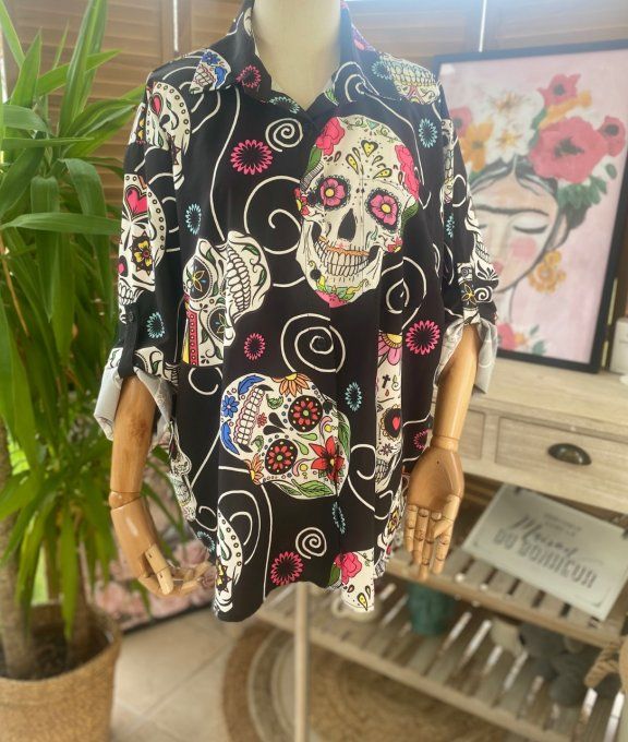 Chemise noire ample Mexican Skulls Calaveras du 40 au 50/52