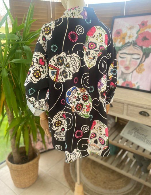 Chemise noire ample Mexican Skulls Calaveras du 40 au 50/52