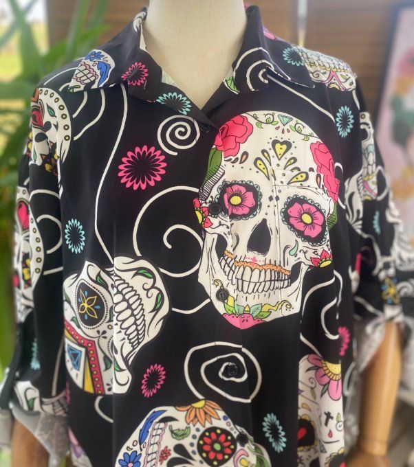 Chemise noire ample Mexican Skulls Calaveras du 40 au 50/52