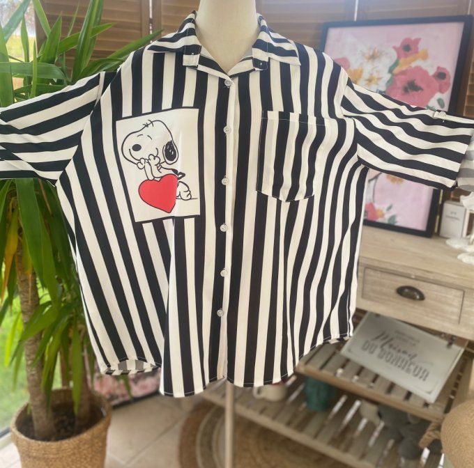 Chemise ample noire rayée blanche ample Love Snoopy du 40 au 50/52