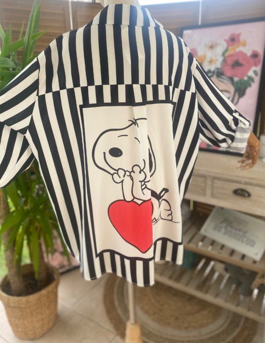 Chemise ample noire rayée blanche ample Love Snoopy du 40 au 50/52