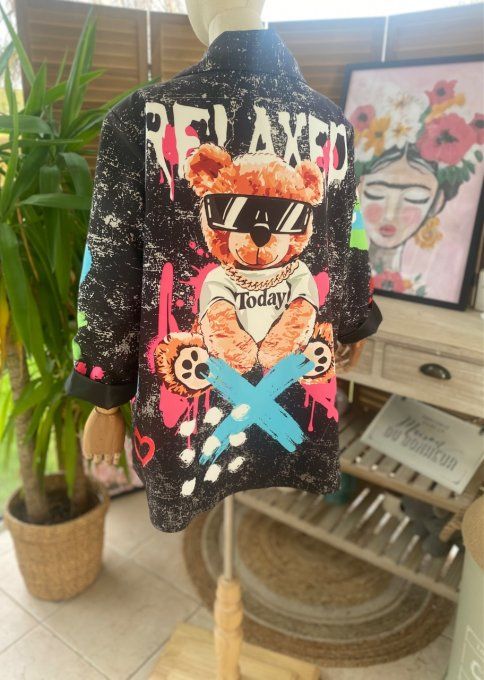 Veste blazer ample noire doublée Teddy Bear Street Art du 42 au 50/52 et + 