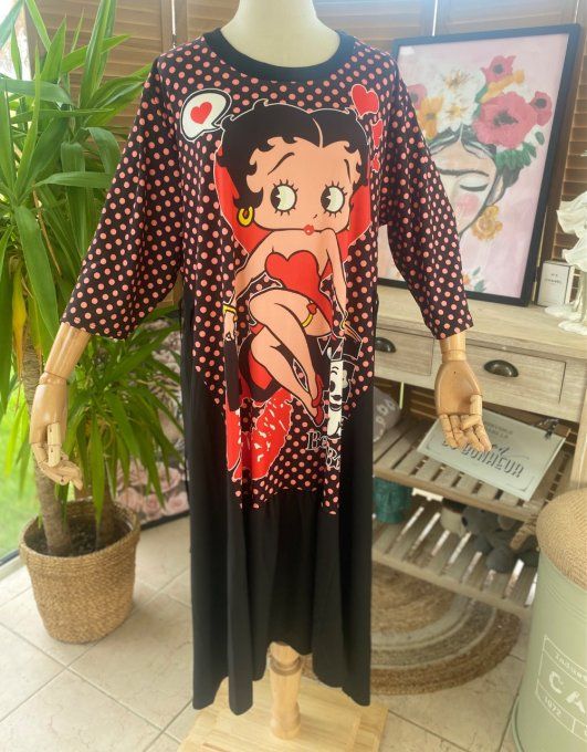 Robe trapèze longue ample noire taille ajustable Betty Boop du 38 au 50  