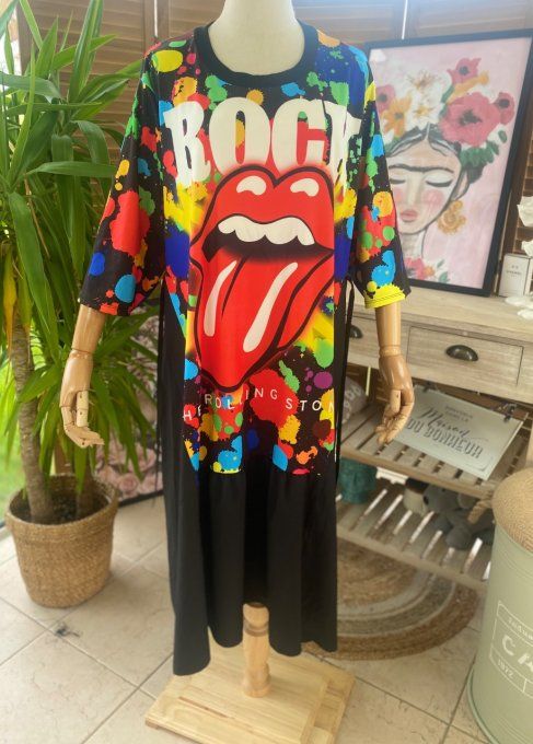 Robe trapèze longue ample noire taille ajustable Rolling Stones Rock du 38 au 50 