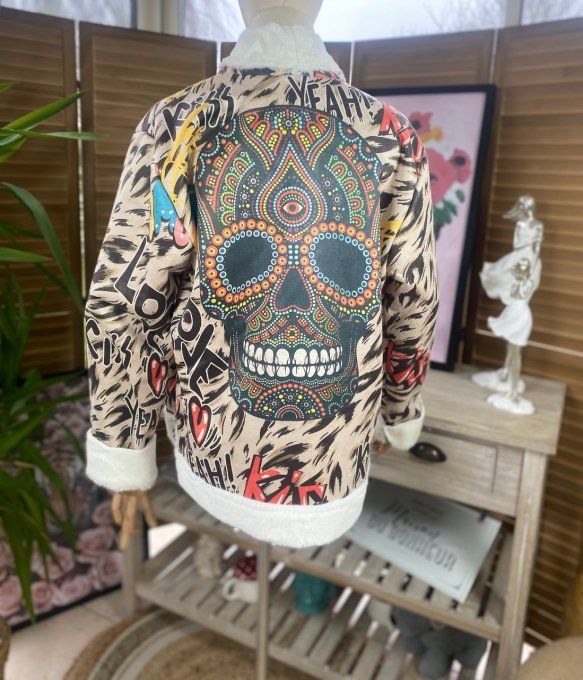 Veste courte suédine Mexican Skulls doublée fausse fourrure écrue du 34 au 42/44