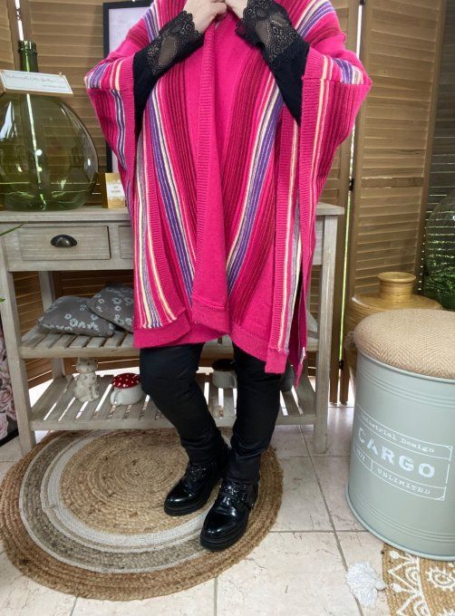 Poncho Fuschia pailleté rayures multicolores douceur +++ TOUTES TAILLES