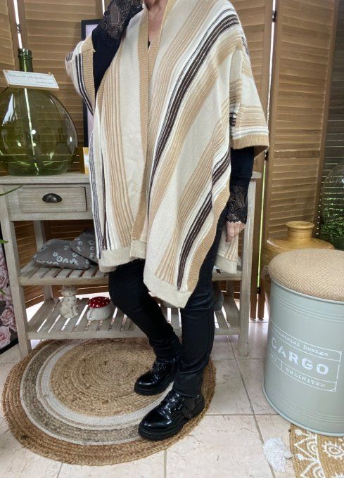 Poncho beige pailleté rayures multicolores douceur +++ TOUTES TAILLES