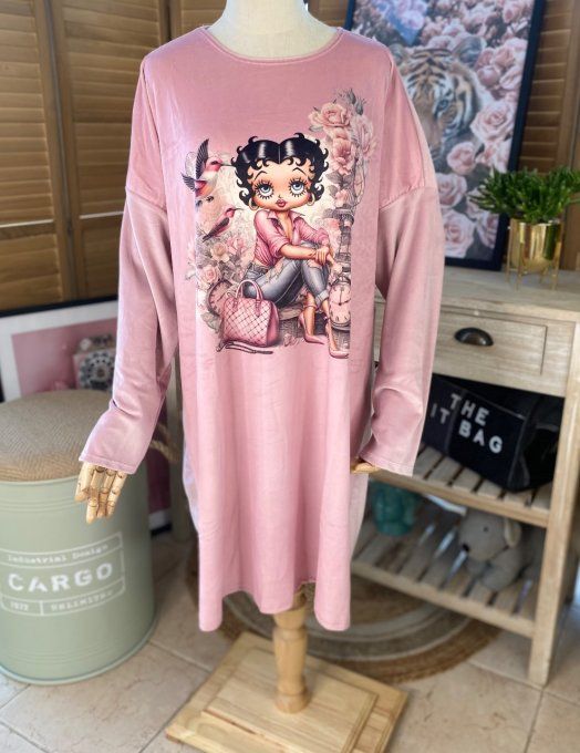 Robe ou chemise de nuit velours rose poudré Betty Boop douceur +++ du 40 au 50