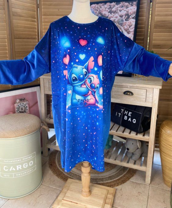 Robe ou chemise de nuit velours bleu Lilo & Stitch douceur +++ du 40 au 52 