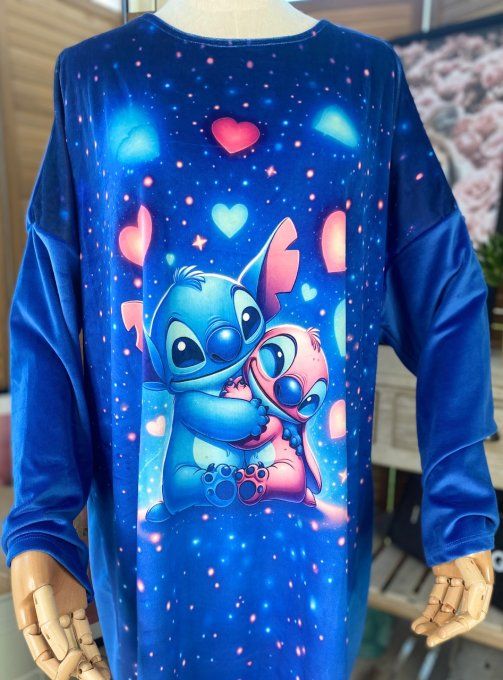 Robe ou chemise de nuit velours bleu Lilo & Stitch douceur +++ du 40 au 52 