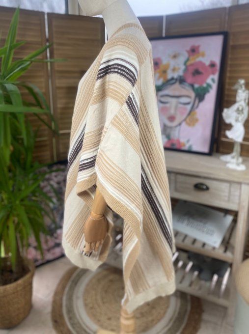 Poncho beige pailleté rayures multicolores douceur +++ TOUTES TAILLES