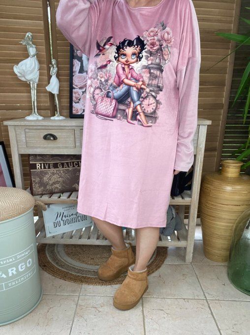 Robe ou chemise de nuit velours rose poudré Betty Boop douceur +++ du 40 au 50