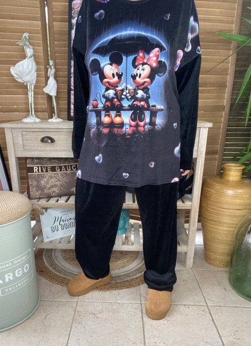 Pyjama pantalon velours noir Mickey & Minnie Amoureux douceur +++ du 42 au 52