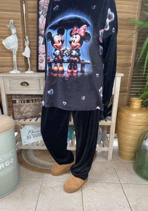 Pyjama pantalon velours noir Mickey & Minnie Amoureux douceur +++ du 42 au 52