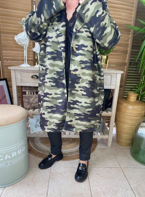 Manteau sans laine mi-long droit ample Military du 40 au 48 et même +