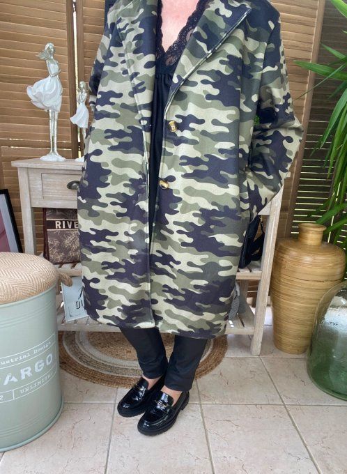 Manteau sans laine mi-long droit ample Military du 40 au 48 et même +