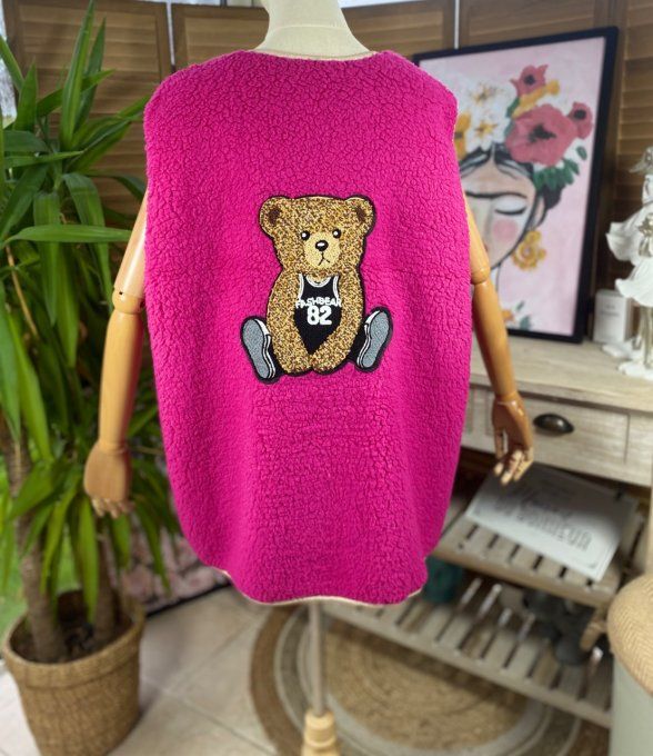 Veste sans manches Sherpa Fuschia Teddy Bear au dos du 40 au 52