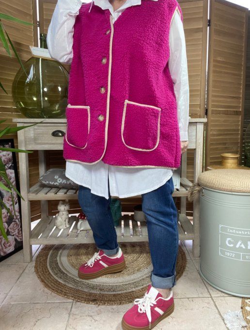 Veste sans manches Sherpa Fuschia Teddy Bear au dos du 40 au 52