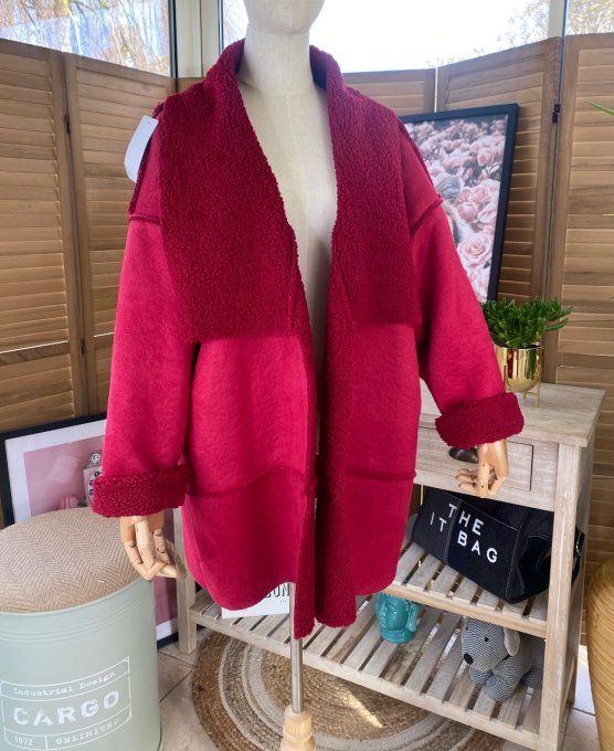 Manteau sans laine court effet peau & Sherpa Bordeaux Burgundy du 40 au 50  