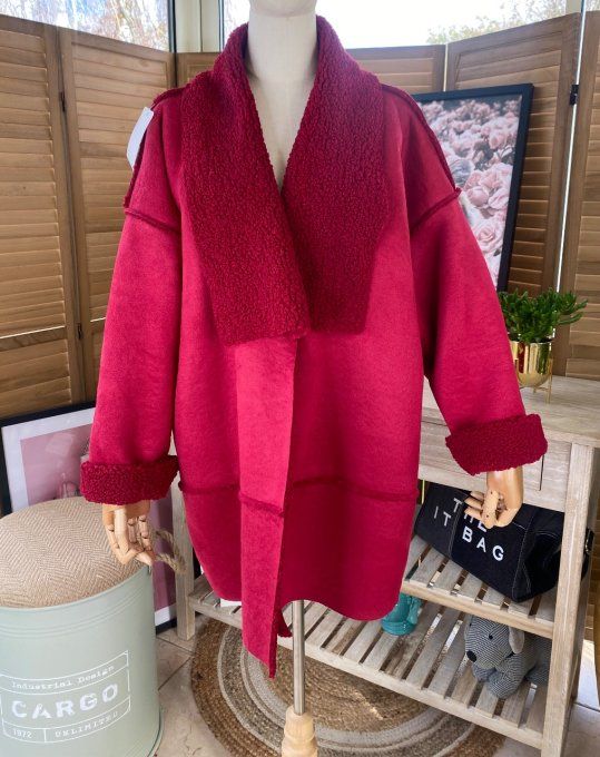 Manteau sans laine court effet peau & Sherpa Bordeaux Burgundy du 40 au 50  