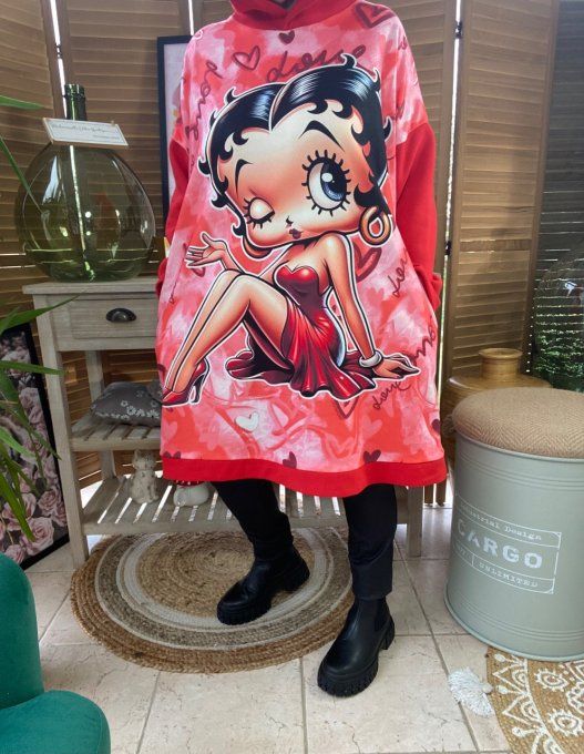 Sweat à capuche long ou robe sweat rouge Betty Boop Rétro du 40 au 52  