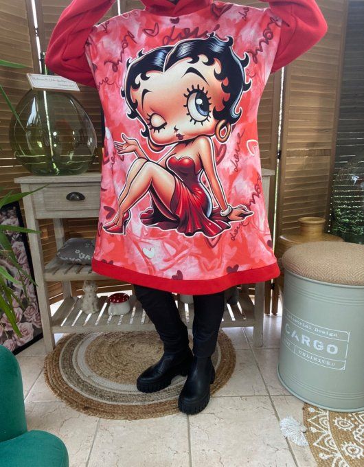 Sweat à capuche long ou robe sweat rouge Betty Boop Rétro du 40 au 52  