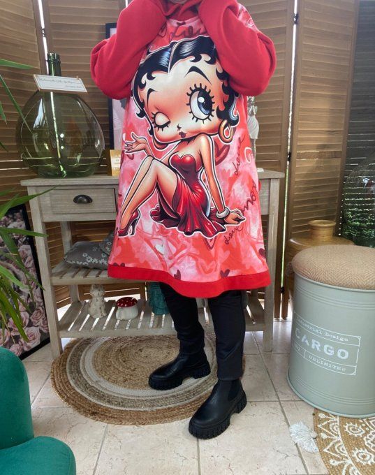 Sweat à capuche long ou robe sweat rouge Betty Boop Rétro du 40 au 52  