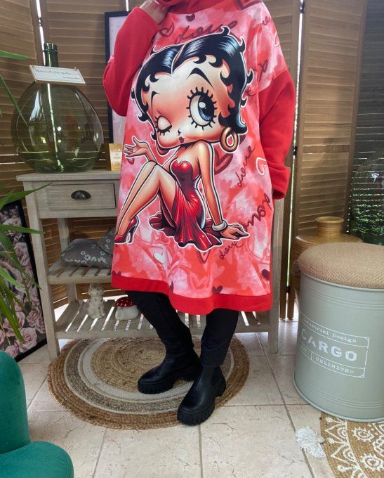 Sweat à capuche long ou robe sweat rouge Betty Boop Rétro du 40 au 52  