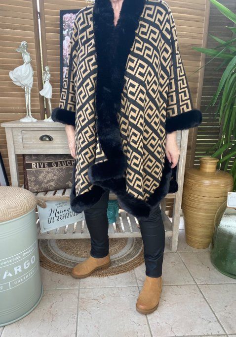 Manteau cape fausse fourrure Inspi noir et camel du 34 au 56 et +