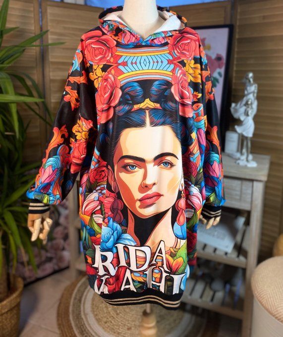 Sweat à capuche long multicolore ou robe sweat Frida Kahlo du 42 au 50/52 