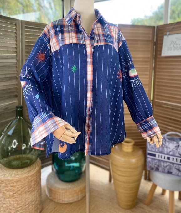 Chemise blouse ample  effet jeans brut rayures tartan oeil protecteur du 40 au 50