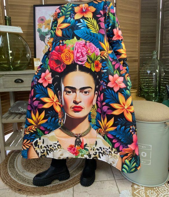 Robe trapèze longue fleurs multicolores molletonnée Frida Kahlo du 38 au 50