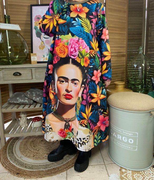 Robe trapèze longue fleurs multicolores molletonnée Frida Kahlo du 38 au 50