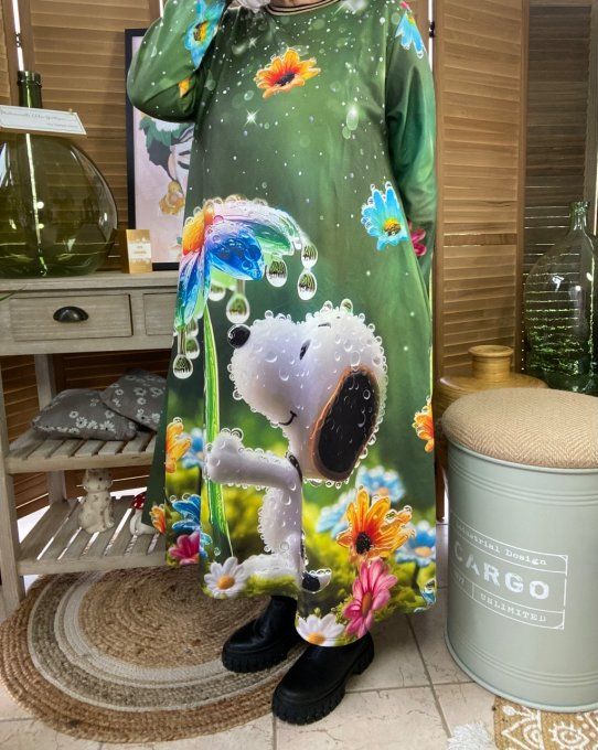 Robe trapèze longue verte molletonnée Snoopy au Parapluie Fleur du 38 au 50 (AVEC DEFAUT !!)