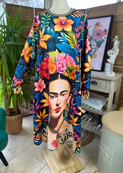 Robe trapèze longue fleurs multicolores molletonnée Frida Kahlo du 38 au 50