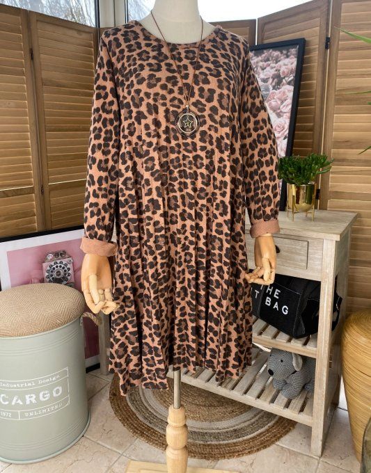 Robe ample plissée manches longues Laine Léopard camel du 38 au 48/50