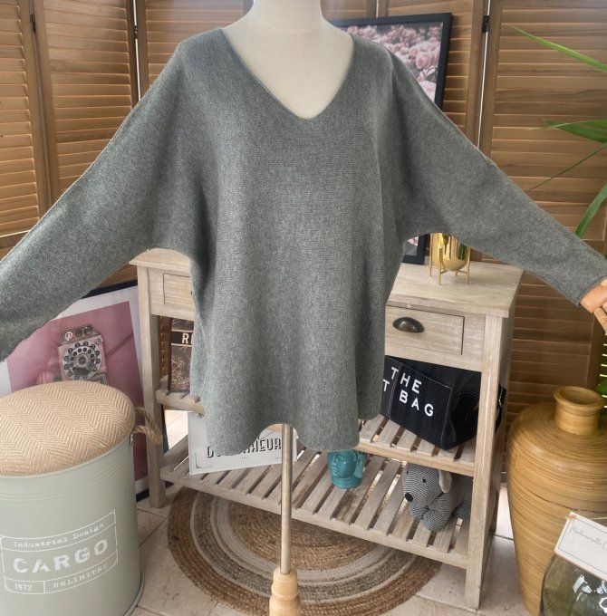 pull ample sans laine Armelle bis Kaki chiné  col V douceur +++ du 40 au 50 