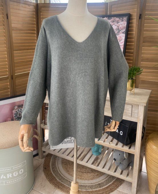 pull ample sans laine Armelle bis Kaki chiné  col V douceur +++ du 40 au 50 