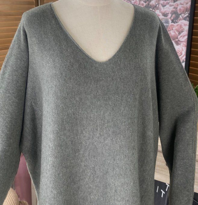 pull ample sans laine Armelle bis Kaki chiné  col V douceur +++ du 40 au 50 