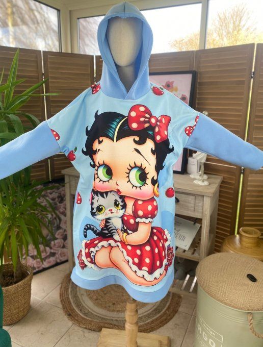 Sweat à capuche long ou robe sweat ciel Betty Boop & son chat du 40 au 52 