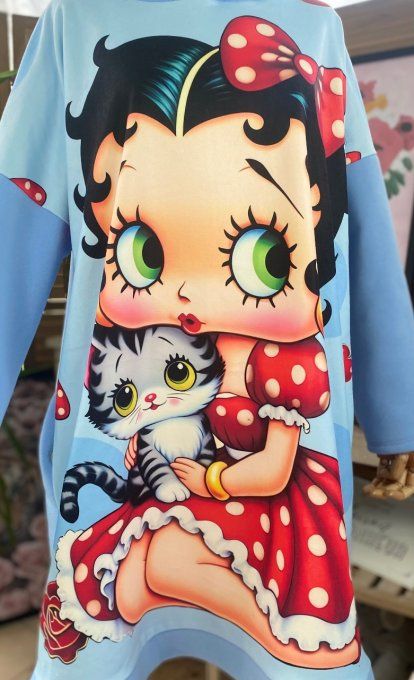 Sweat à capuche long ou robe sweat ciel Betty Boop & son chat du 40 au 52 