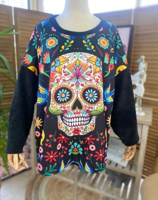 Sweat manches longues satiné et velours noir fleurs Mexican Skulls Calavera du 40 au 50 