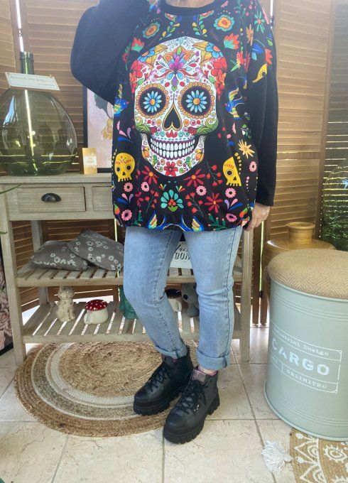 Sweat manches longues satiné et velours noir fleurs Mexican Skulls Calavera du 40 au 50 